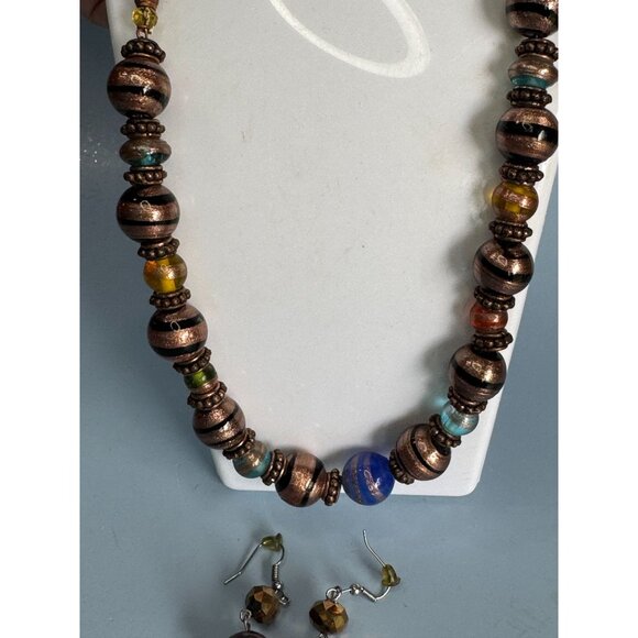 Copper Blue Green Orange Venetian Glass Beaded Necklace & Earrings Set - Picture 5 of 10